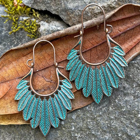 Boutique Jewelry - Boho Patina Feather Hoop Earrings